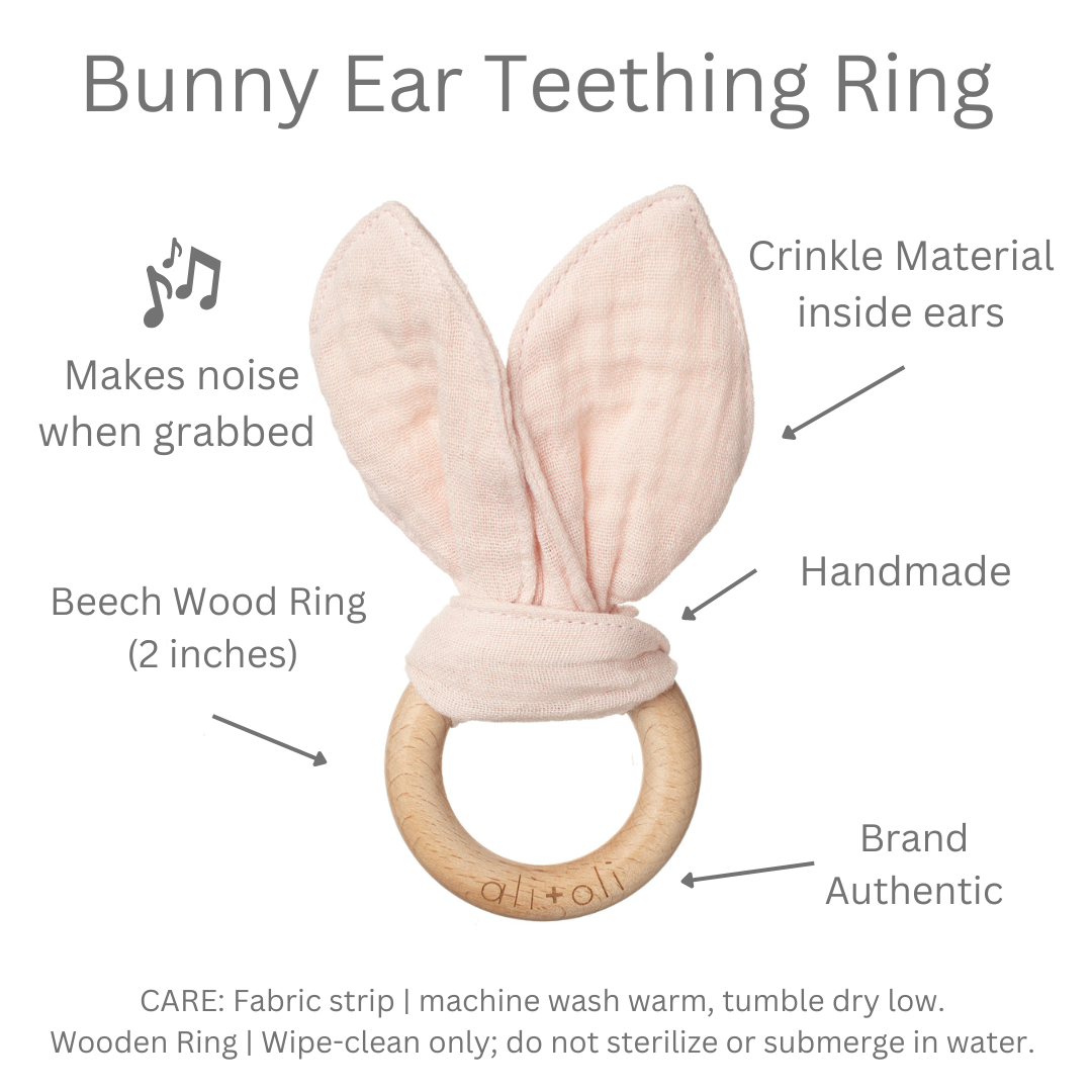 Pink Crinkle Bunny Ears Wooden Ring Teething Toy
