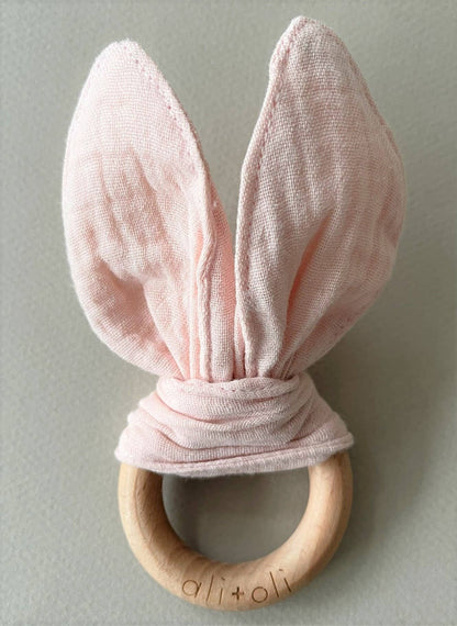 Pink Crinkle Bunny Ears Wooden Ring Teething Toy