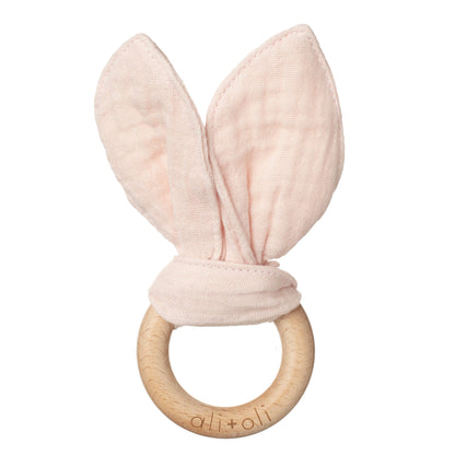 Pink Crinkle Bunny Ears Wooden Ring Teething Toy